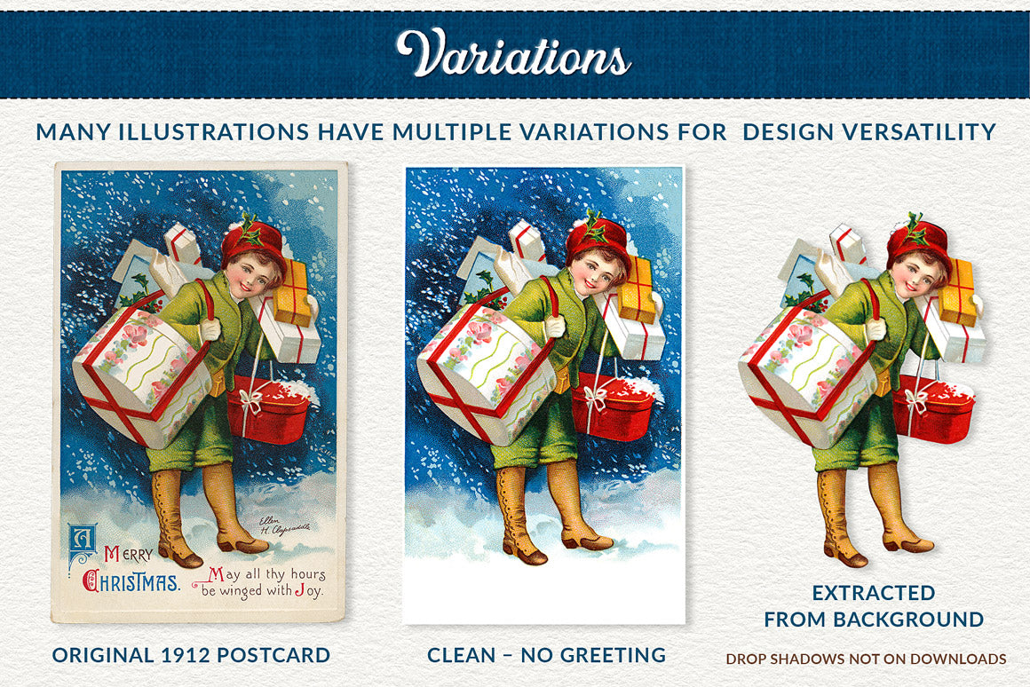 Many illustrations have multiple variations in The Vintage Christmas Illustrations Compendium.