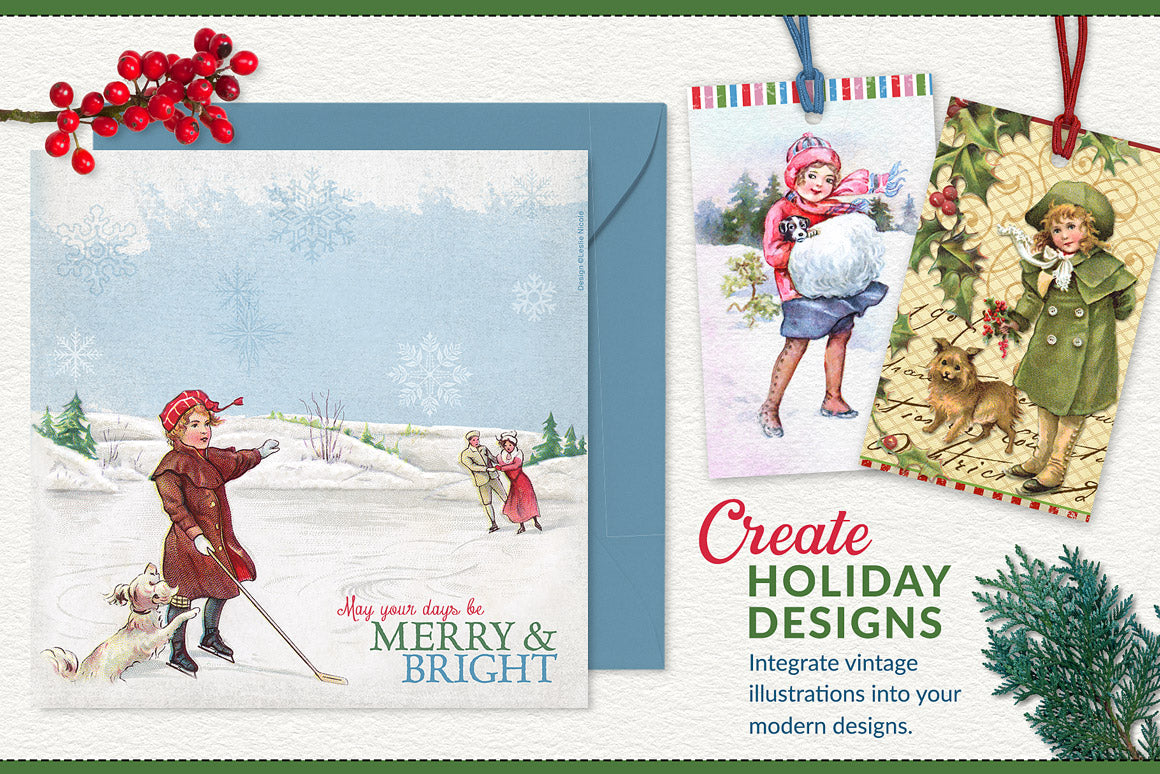Christmas card and gift tags using designs created with the Vintage Christmas Illustrations Compendium.
