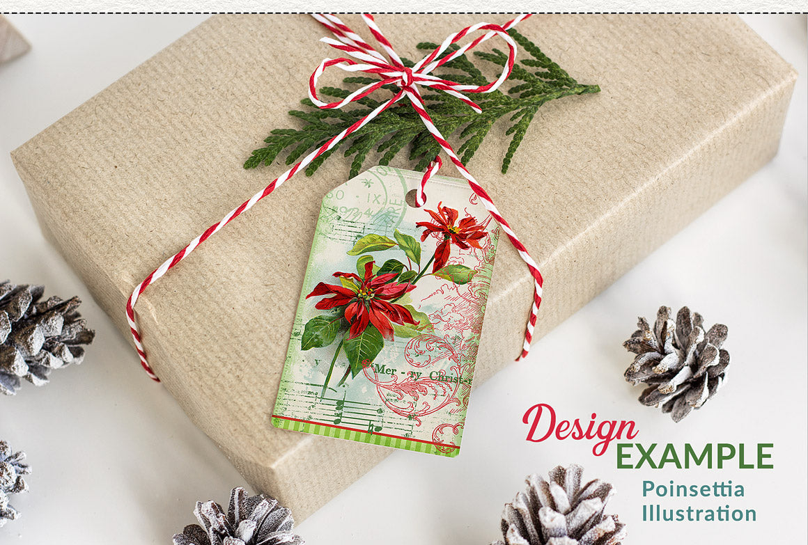 Christmas gift tag example using a vintage poinsettia illustration graphic from the Vintage Christmas Illustrations Compendium extended license graphics collection.