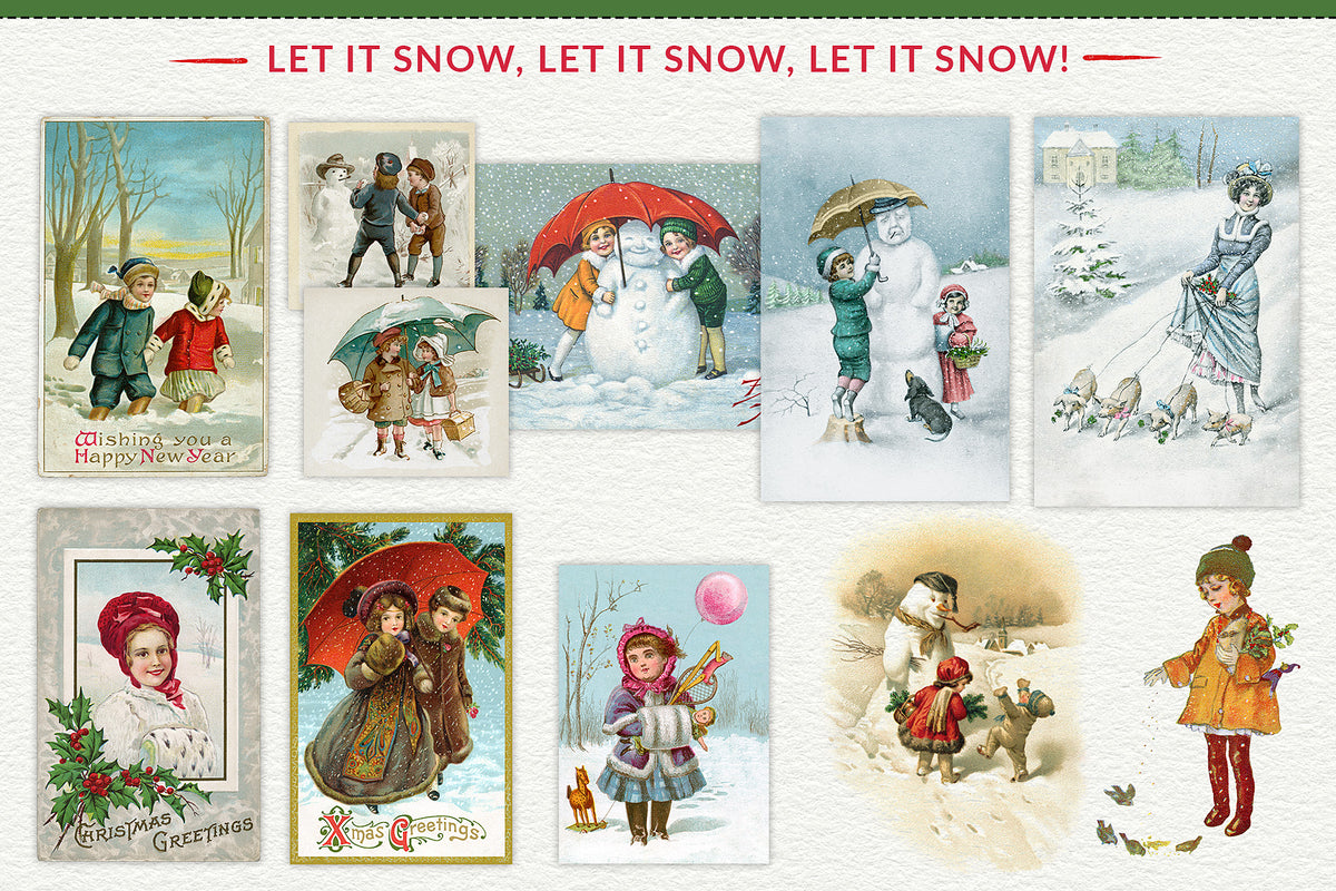 Vintage children in the snow illustrations from the Vintage Christmas Illustrations Compendium extended license graphics collection.
