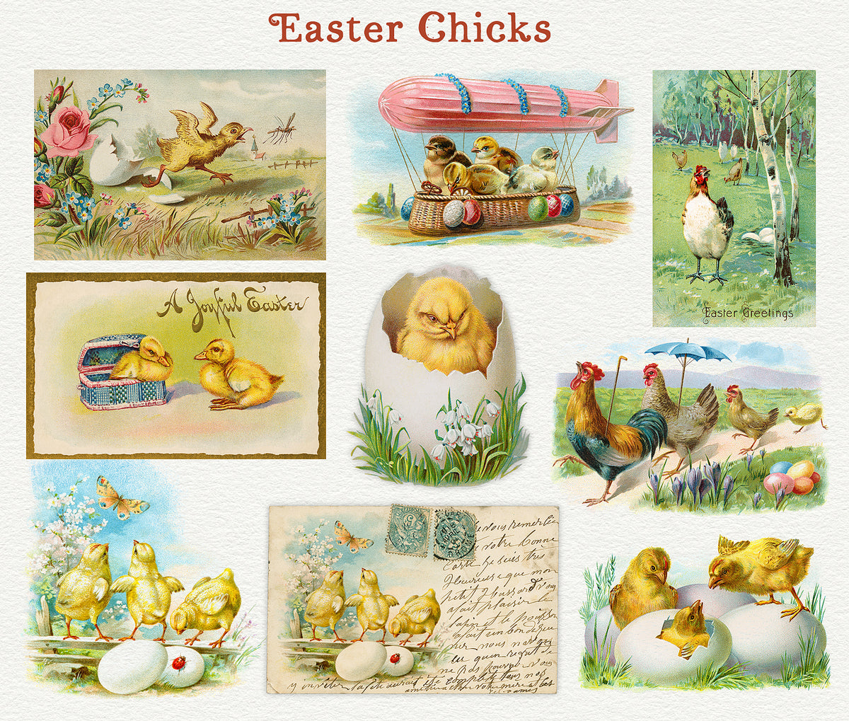Vintage Easter Chicks and chickens illustration digital graphics from postcards.