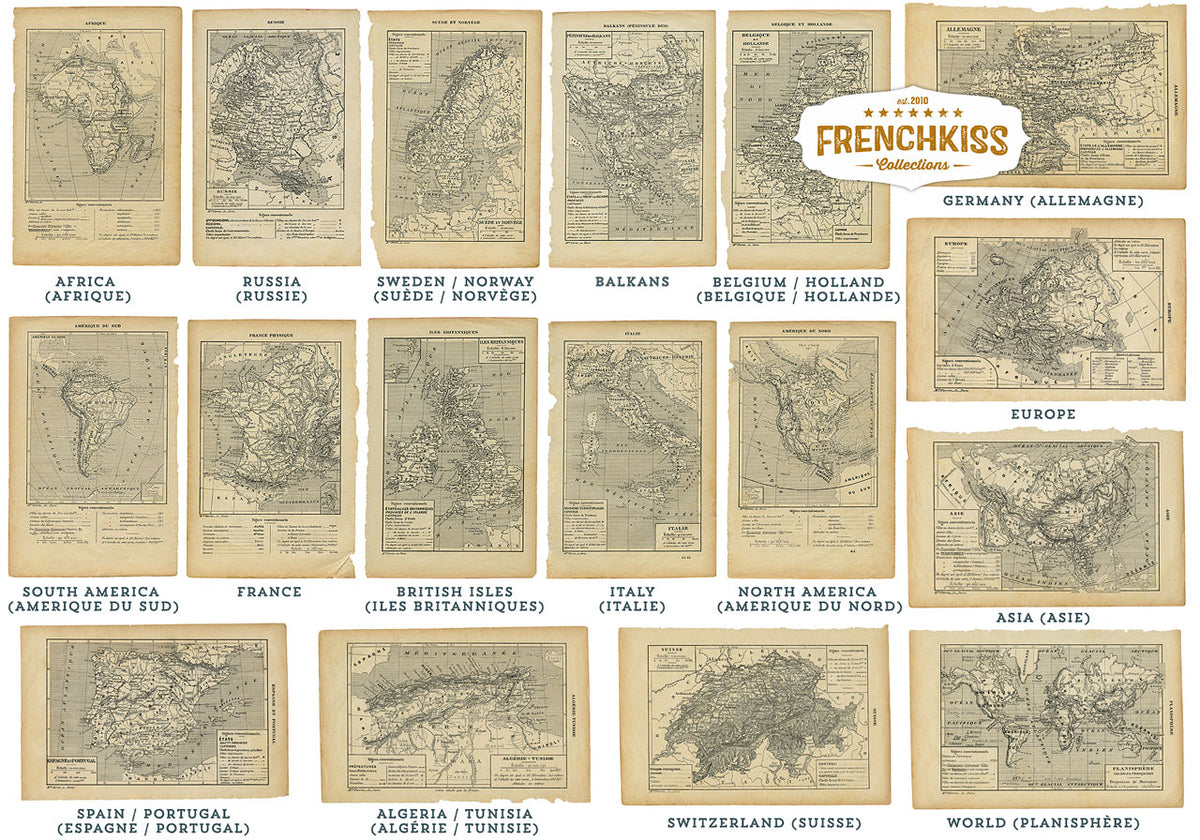 17 pages world maps from a 1901 vintage French book digital download..