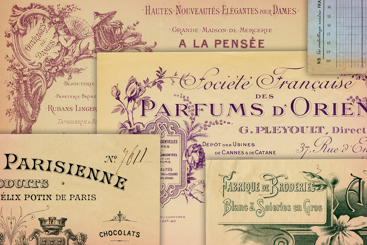 Details from beautiful vintage French receipts digital graphics.