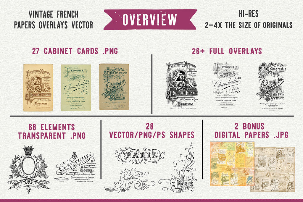 An overview of the Vintage French Photo Studio Papers and Overlays collection including ephemera, overlays, and elements.