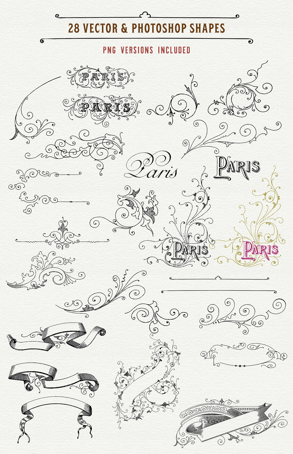 There are 28 of the vintage French graphics that are also provided as vector and Photoshop Custom Shapes.