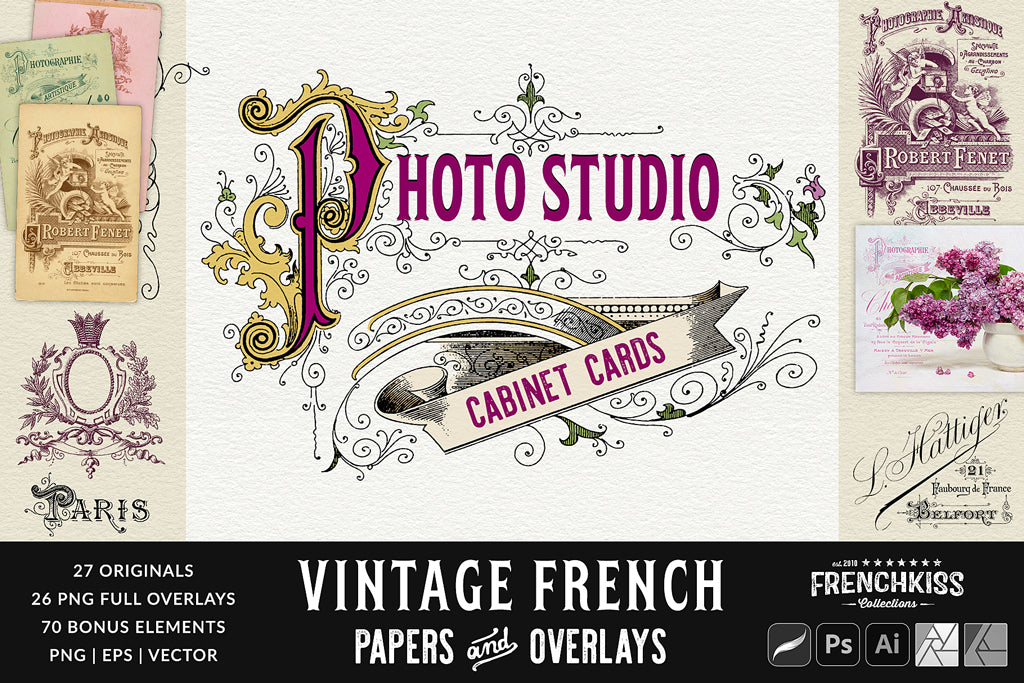 Vintage French Photo Studio Digital Papers and Overlays graphics collection.