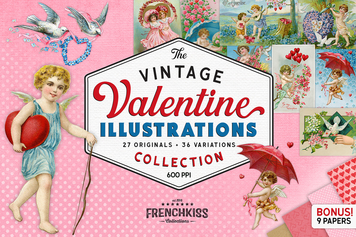 Vintage Valentine Illustrations digital graphics.