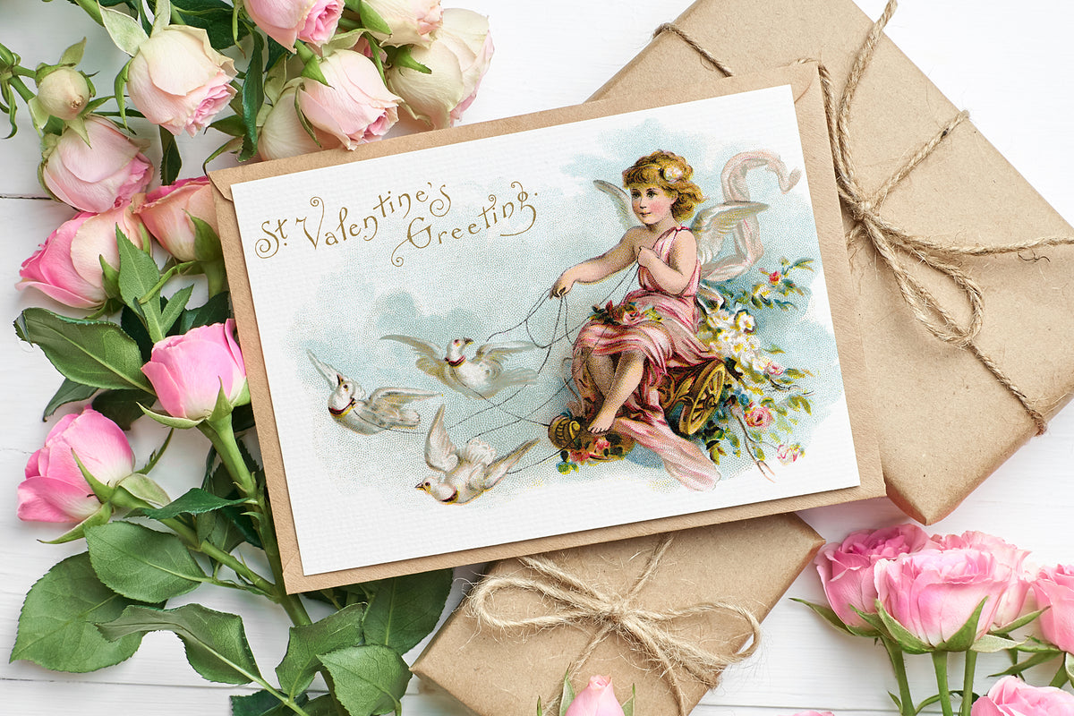 Sweet Cherub with doves vintage postcard digital graphic. 
