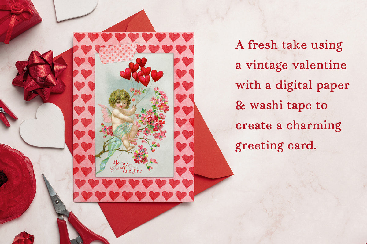 A Valentine card design example using a cupid with hearts and a heart digital paper from the Vintage Valentine Illustration collection.