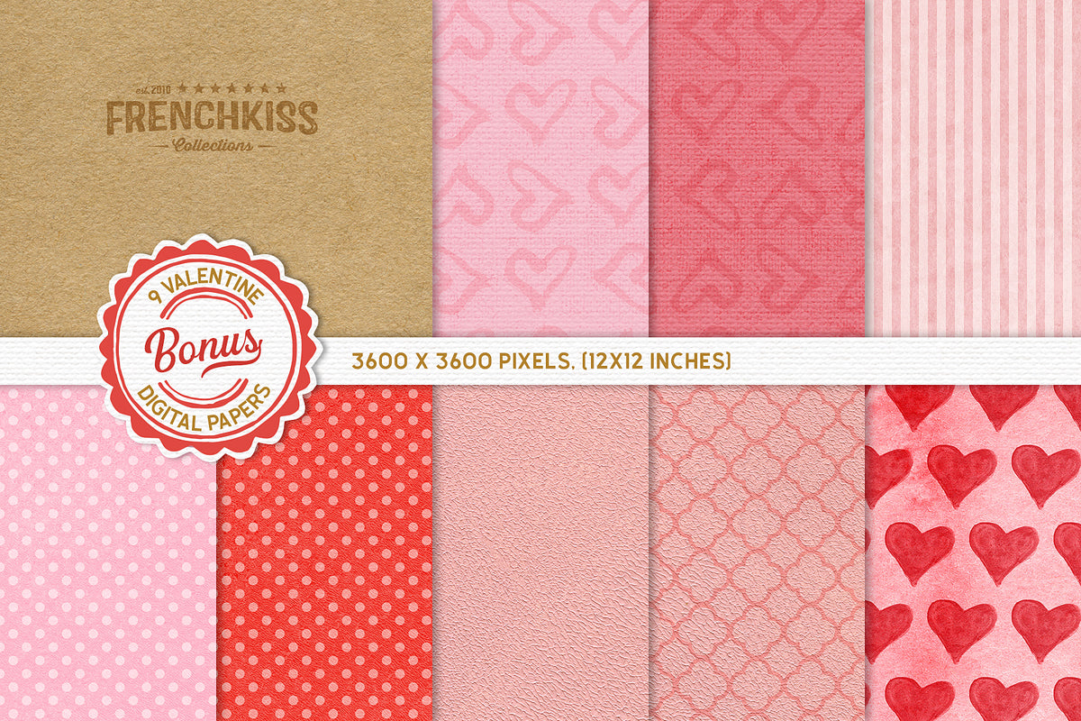 Bonus Valentine inspired digital papers with Kraft paper, heards, quatre-foile and polka dots.