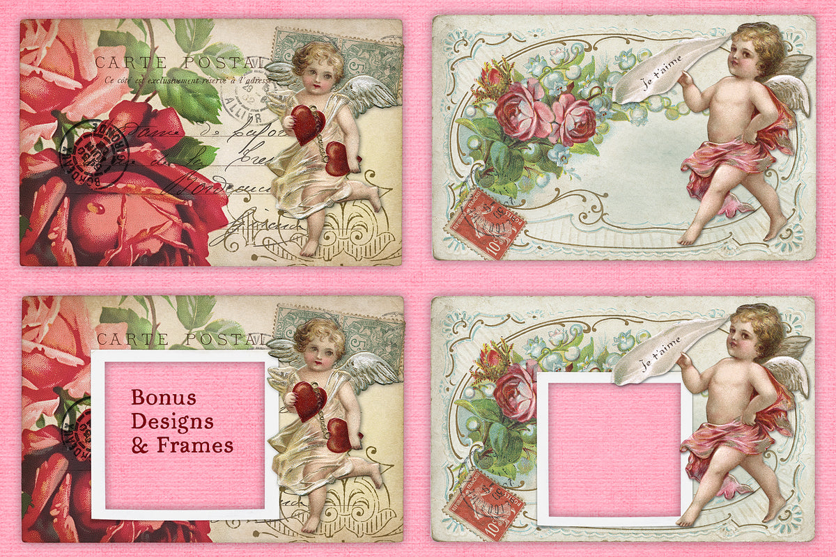 Vintage Valentine cupids and cherubs postcard collage designs.