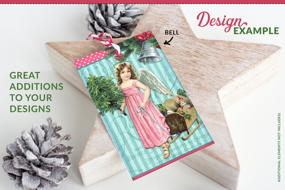 Christmas gift tag design using a vintage bell illustration.