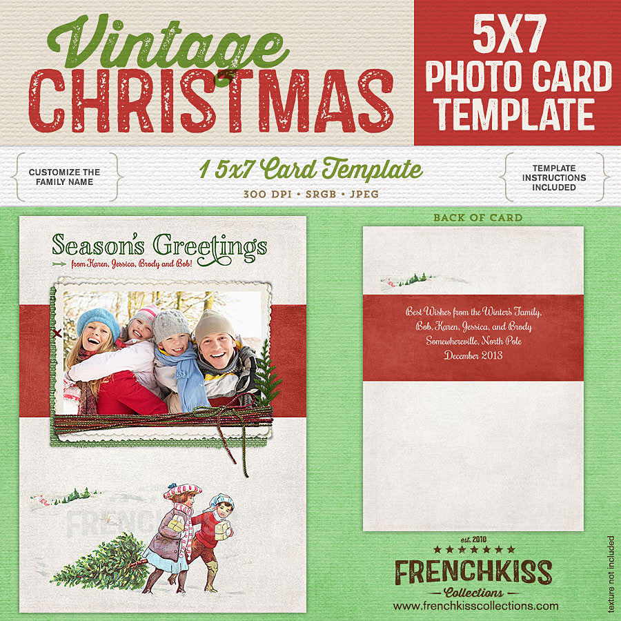 Vintage Christmas 5x7 digital photo card template