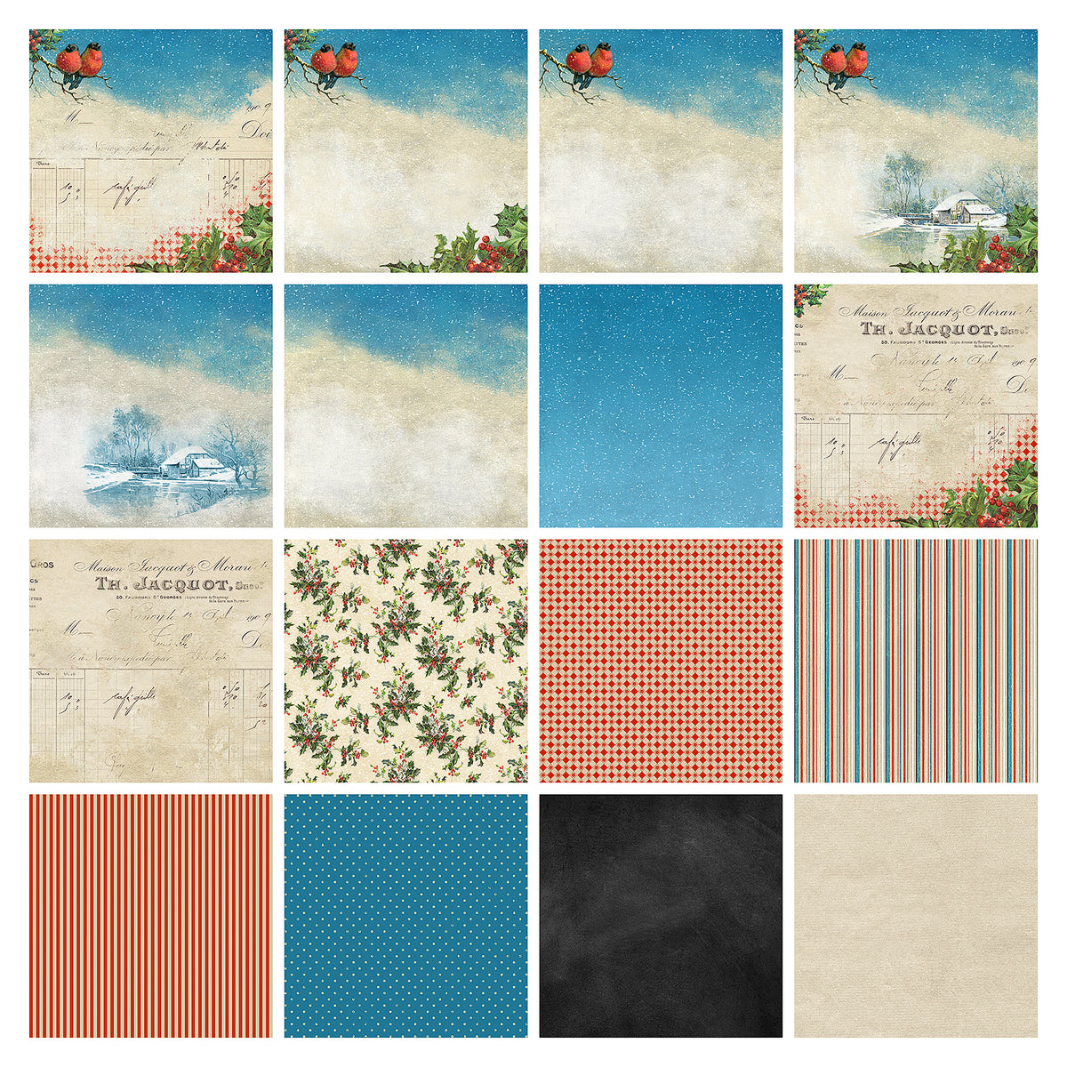 Winter Bullfinches Digital Papers featuring vintage illustrations and ephemera, holly and snow.