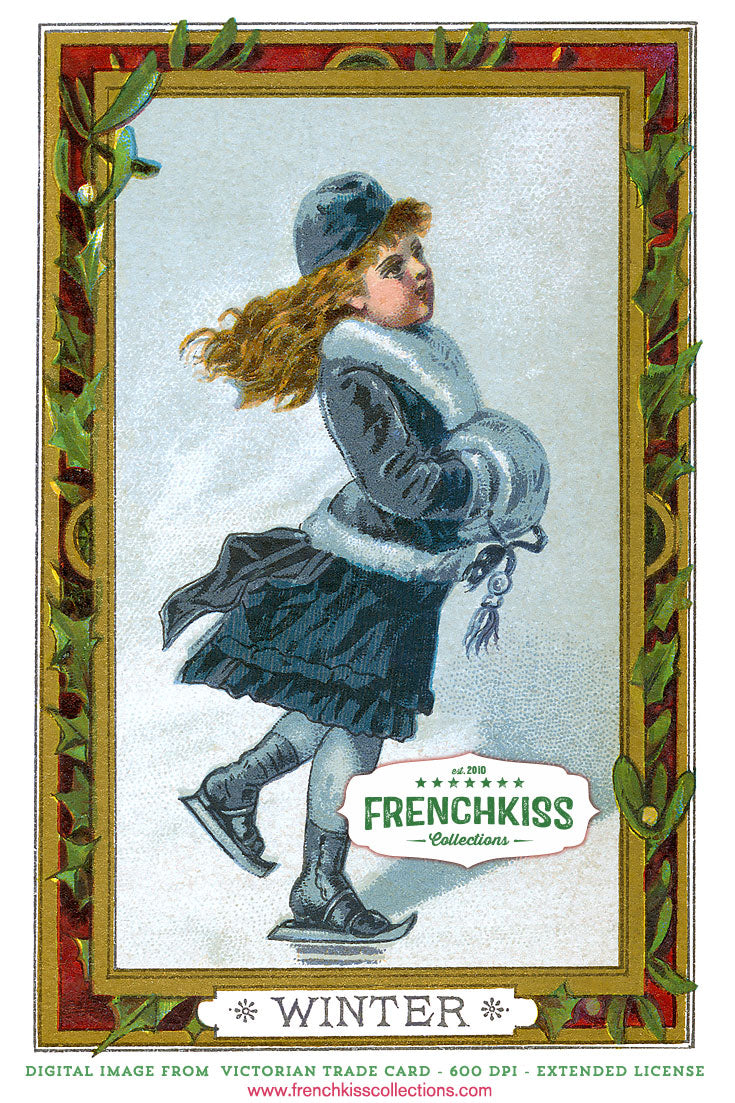Winter girl skating part of Girl Seasonal digital Victorian Trade Cards.