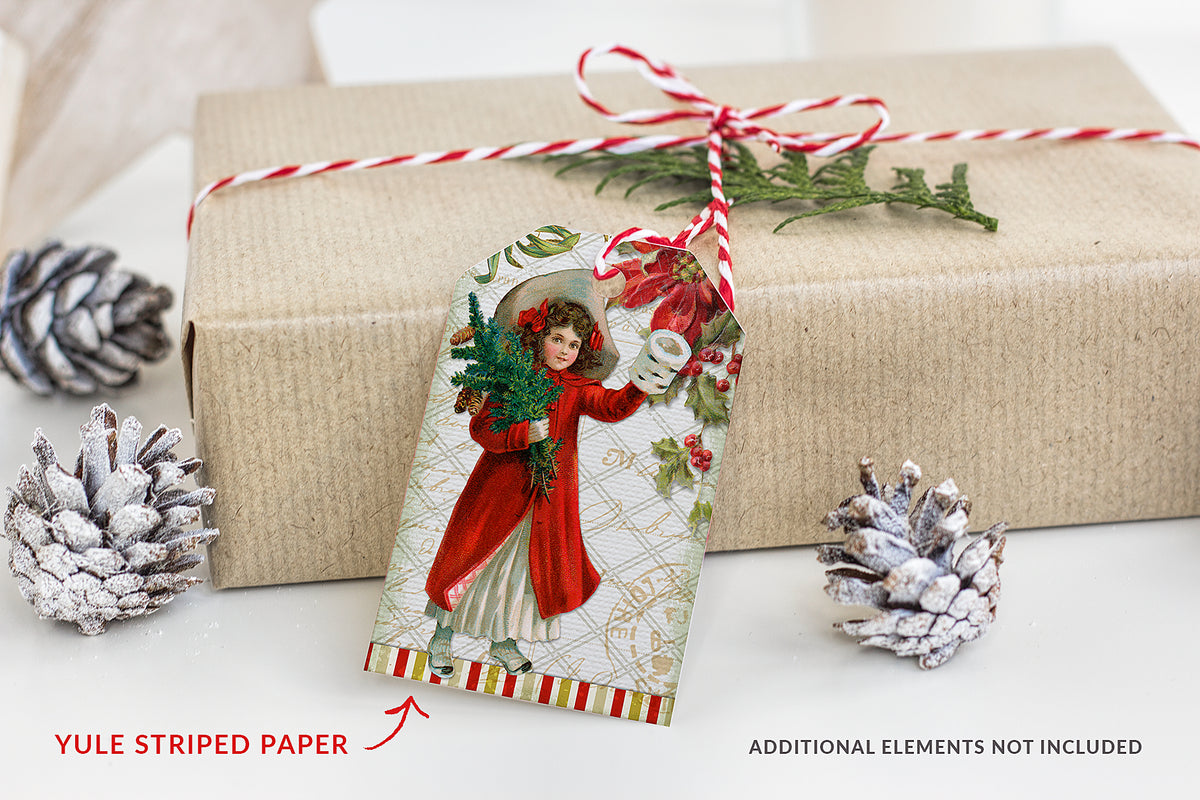 Gift tag of a vintage Christmas girl design using a Yule Christmas striped digital paper.
