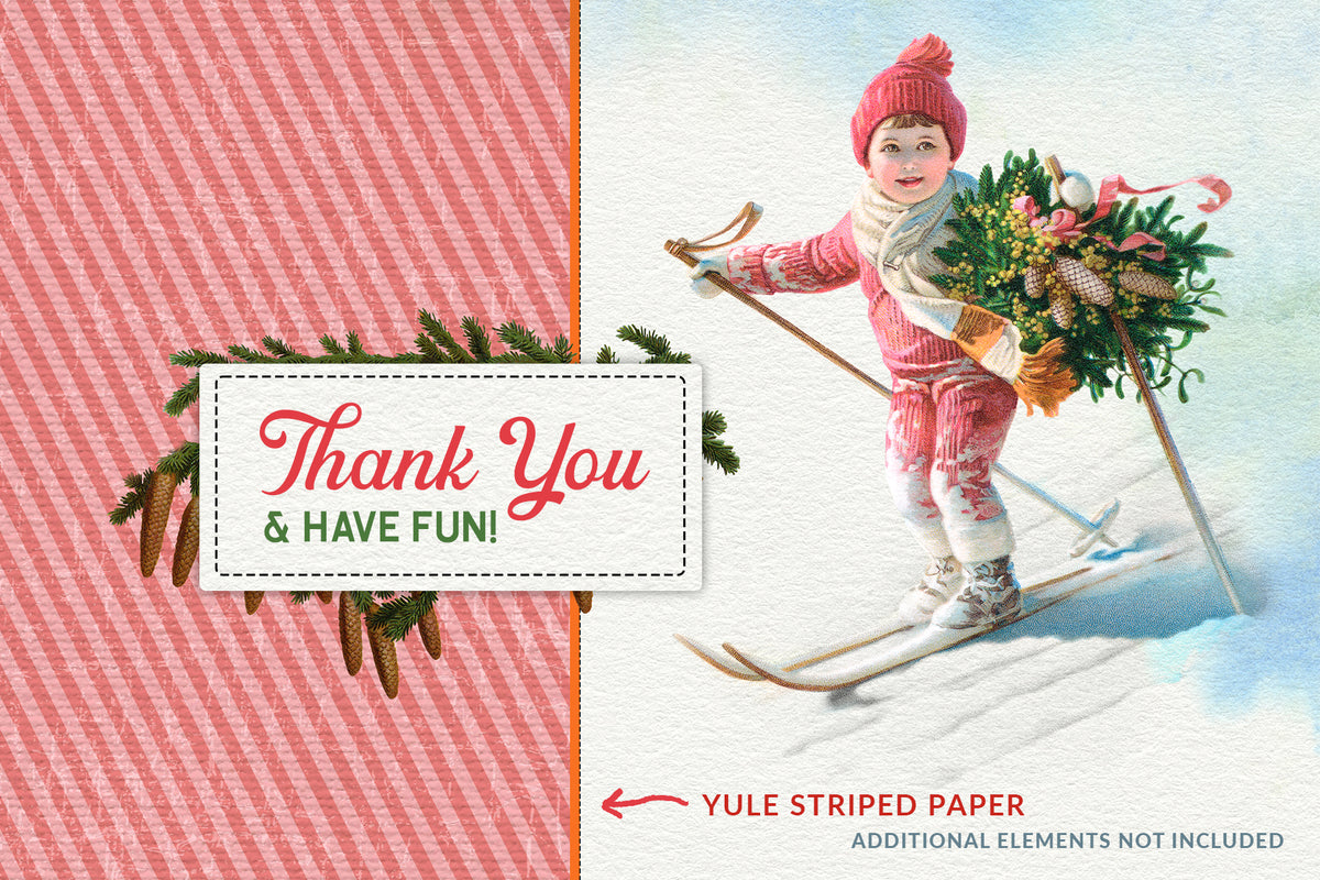Design with a vintage boy skiing with a Christmas wreath and a striped digital paper from the Yule Striped Papers collection.