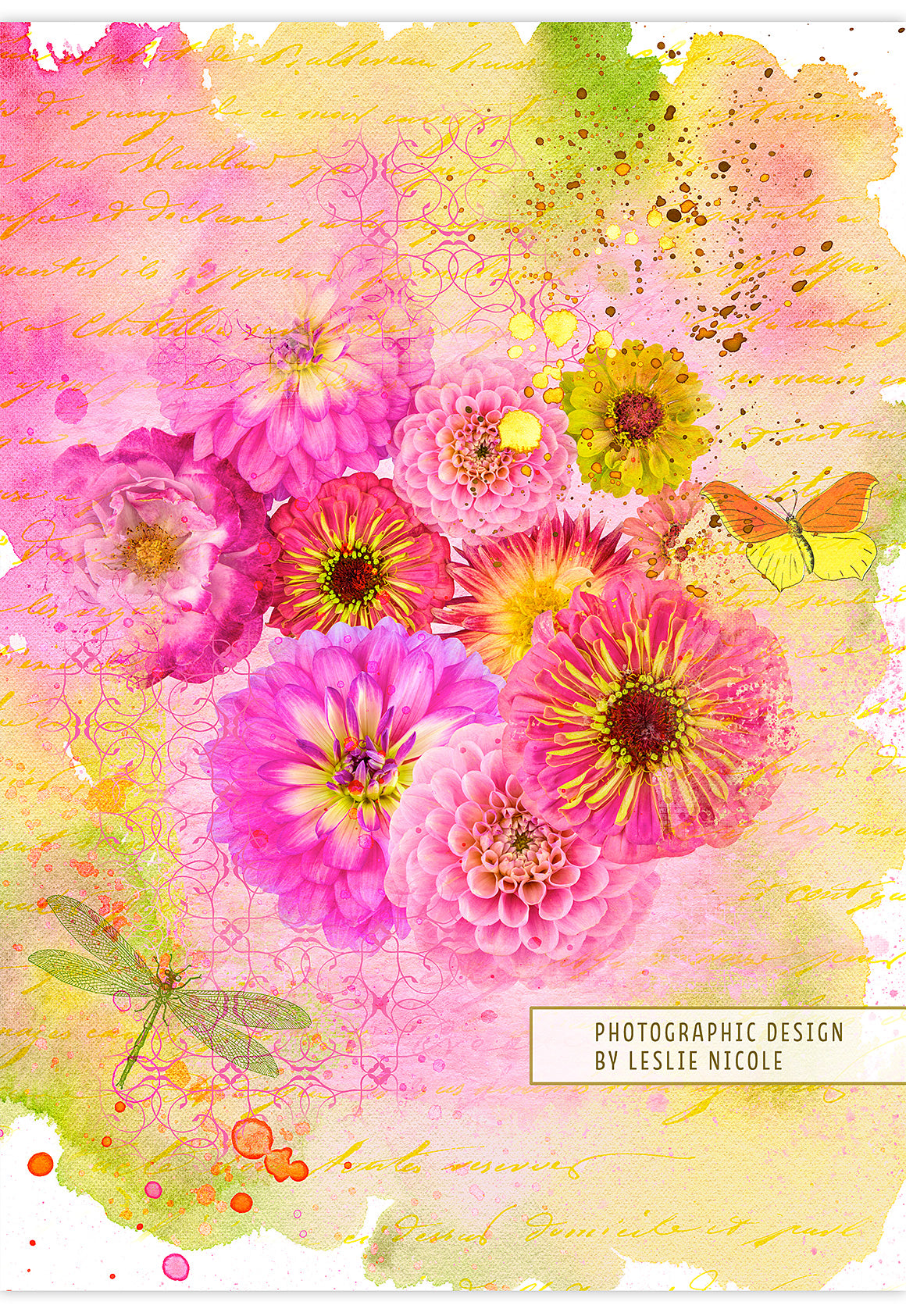 Photographic design with flowers, watercolor textures, patterns and other elements.